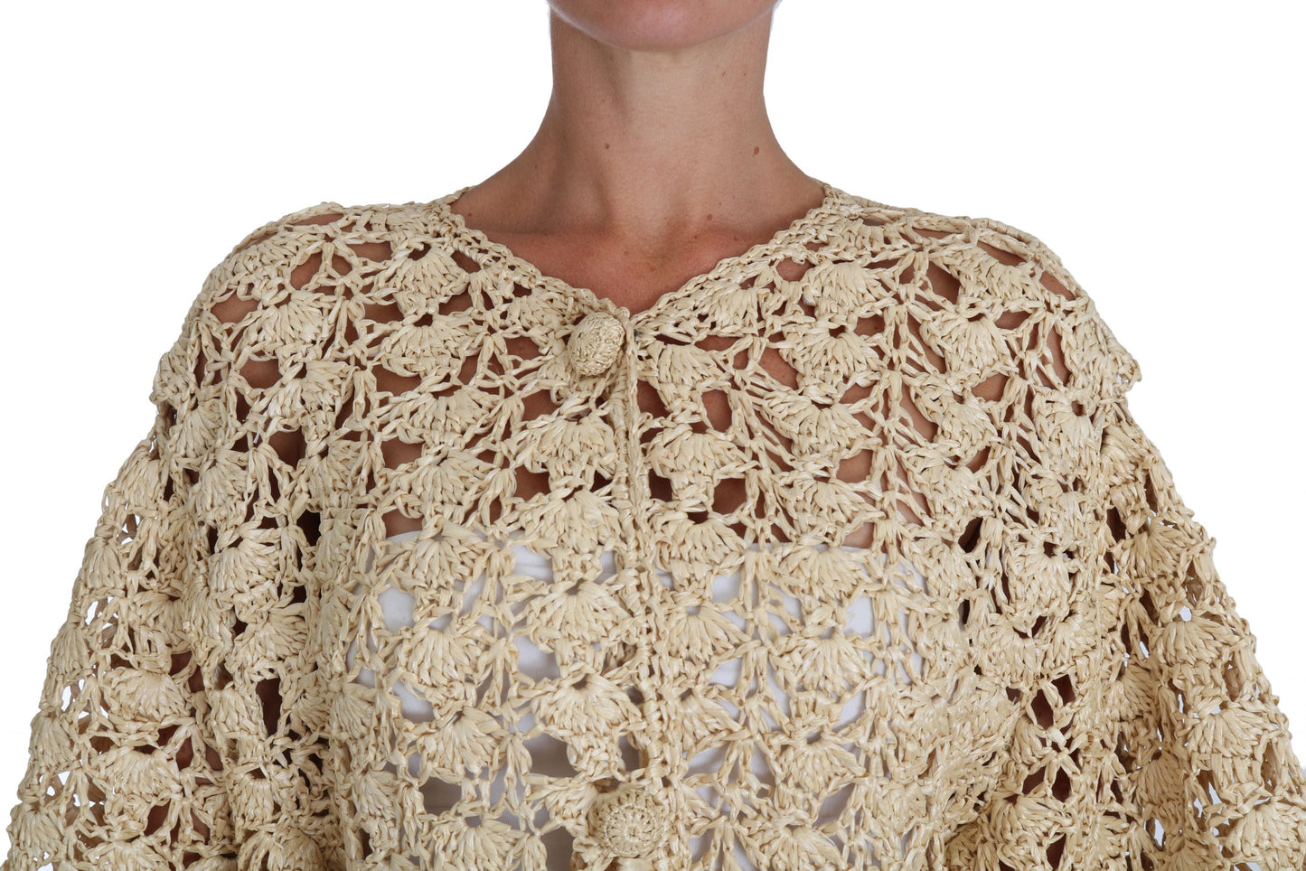 Beige Cardigan Crochet Knitted Raffia Sweater-Dolce & Gabbana-LabelTerrace.com
