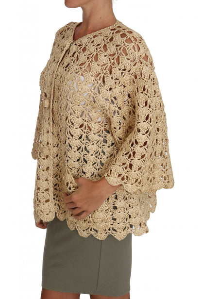Beige Cardigan Crochet Knitted Raffia Sweater-Dolce & Gabbana-LabelTerrace.com