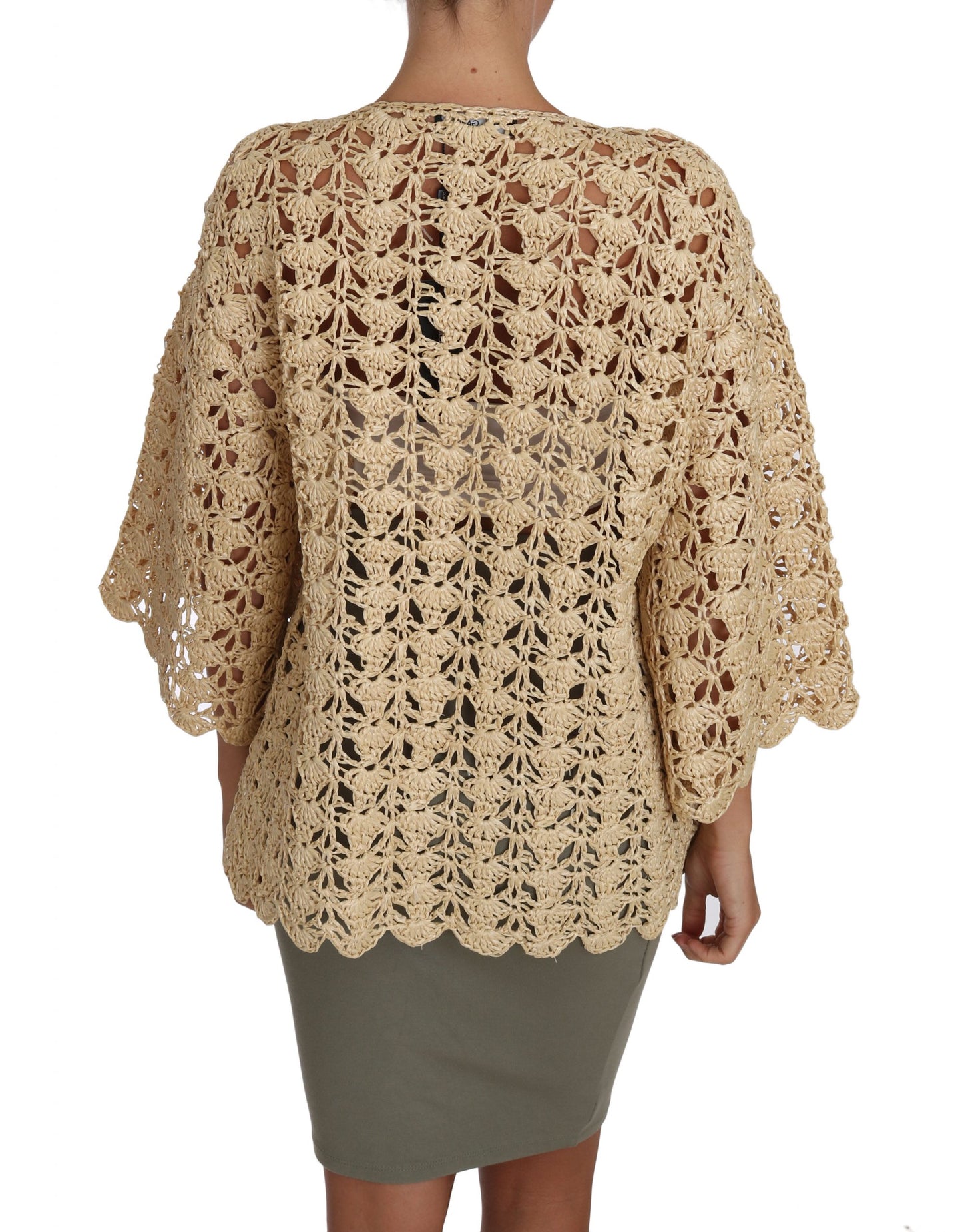 Beige Cardigan Crochet Knitted Raffia Sweater-Dolce & Gabbana-LabelTerrace.com