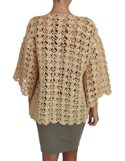 Beige Cardigan Crochet Knitted Raffia Sweater-Dolce & Gabbana-LabelTerrace.com