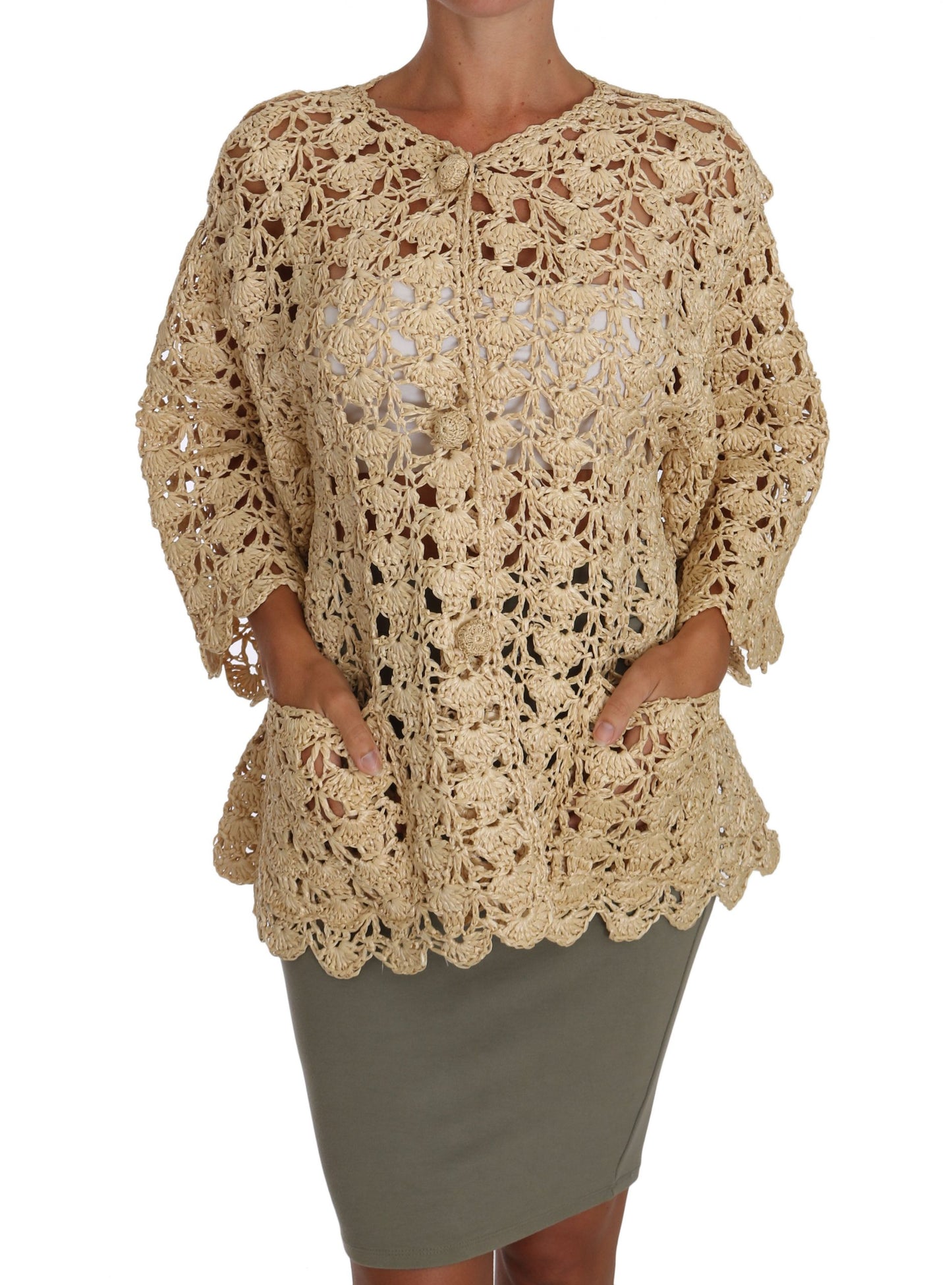 Beige Cardigan Crochet Knitted Raffia Sweater-Dolce & Gabbana-LabelTerrace.com