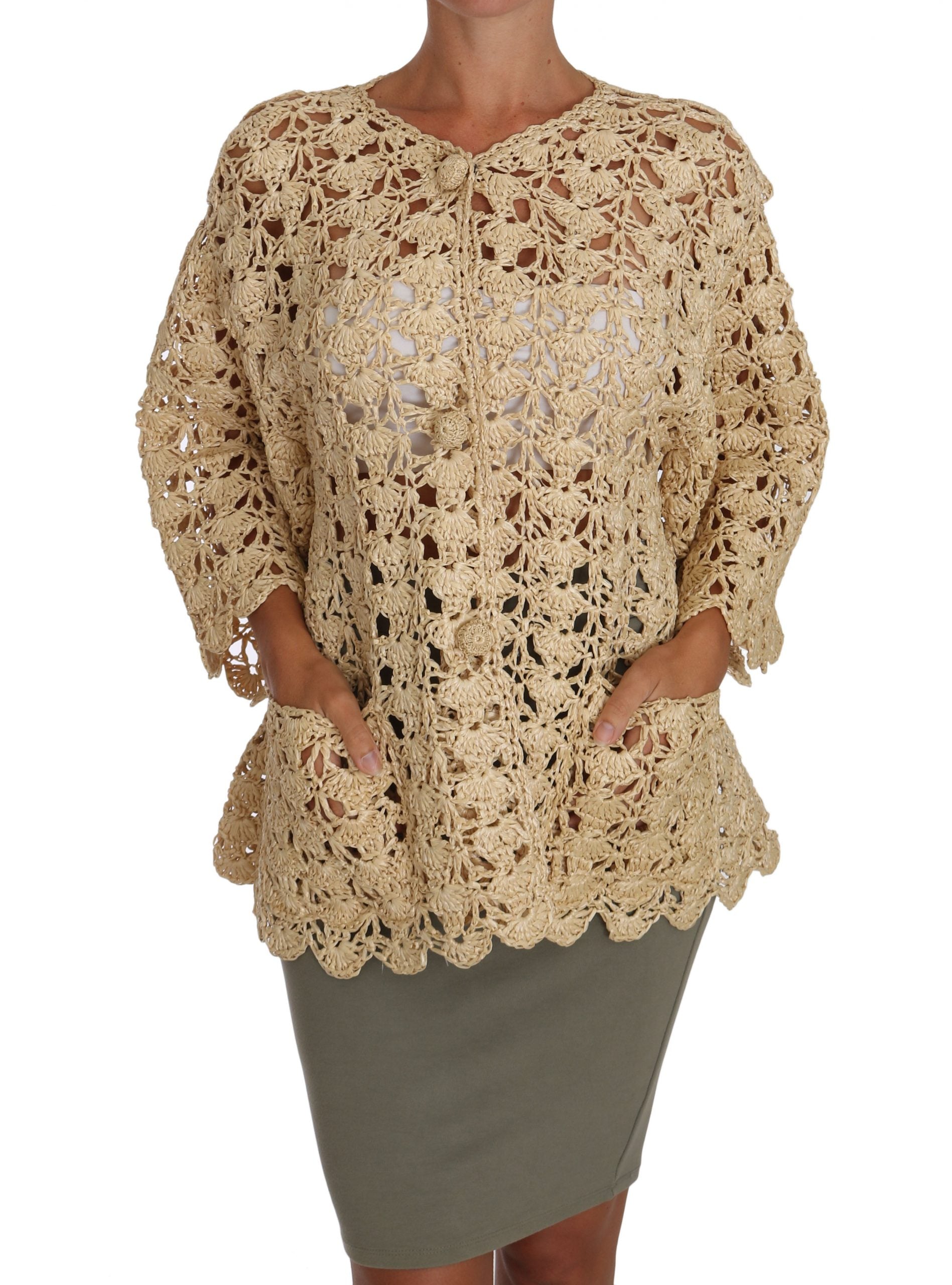 Beige Cardigan Crochet Knitted Raffia Sweater-Dolce & Gabbana-LabelTerrace.com