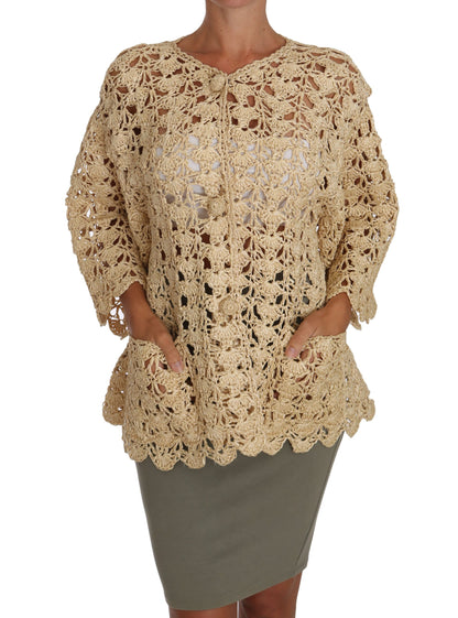 Beige Cardigan Crochet Knitted Raffia Sweater-Dolce & Gabbana-LabelTerrace.com