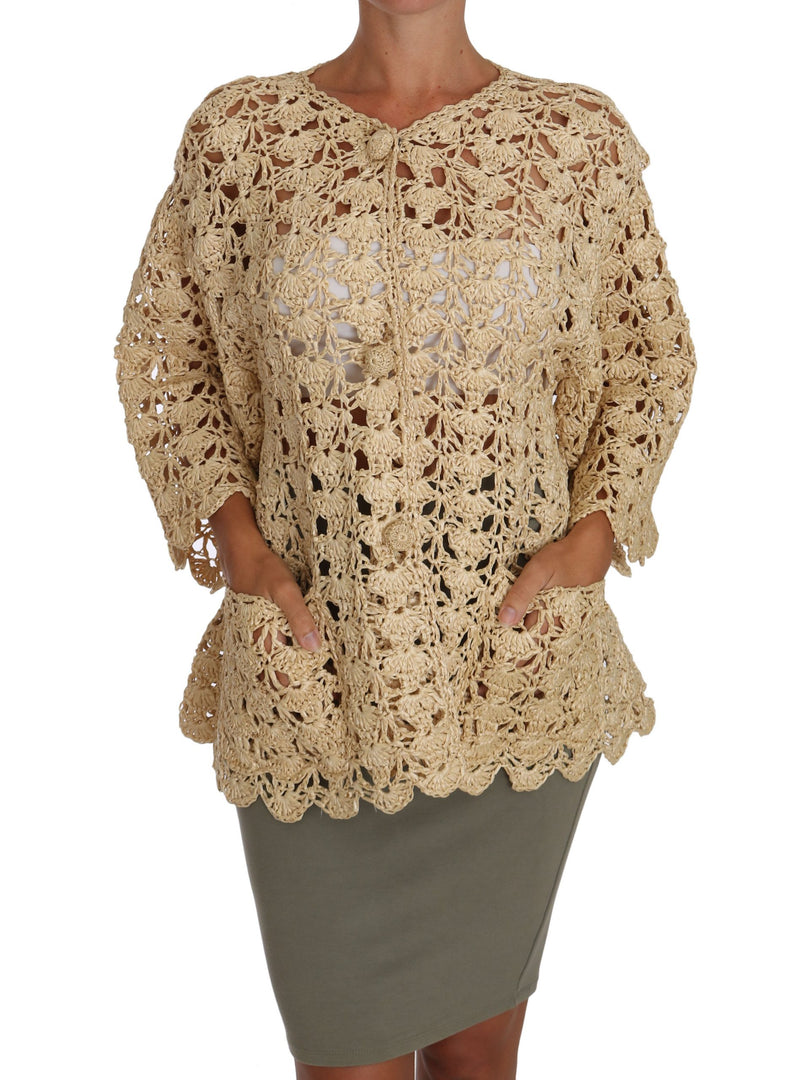 Beige Cardigan Crochet Knitted Raffia Sweater-Dolce & Gabbana-LabelTerrace.com