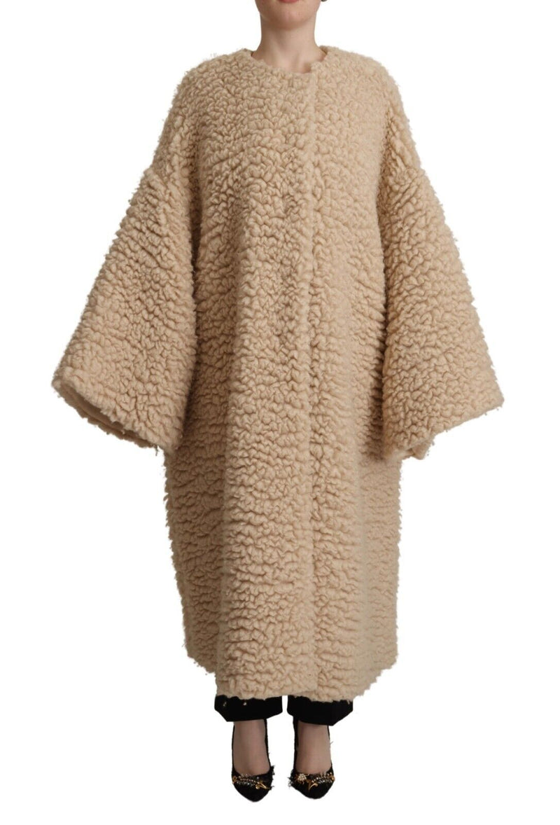 Beige Cashmere Wool Faux Fur Coat Jacket-Dolce & Gabbana-LabelTerrace.com