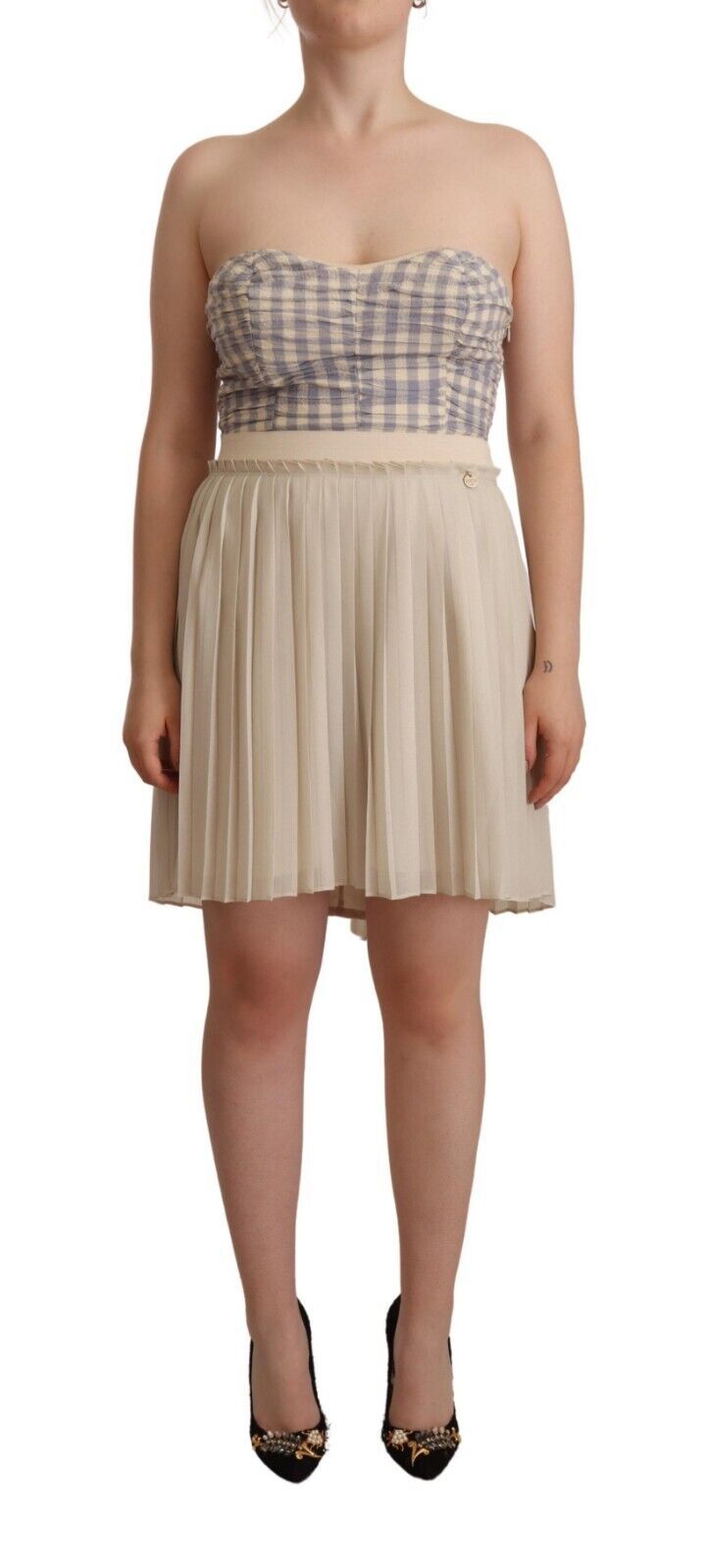 Beige Checkered Pleated A-line Strapless Bustier Dress-Guess-LabelTerrace.com