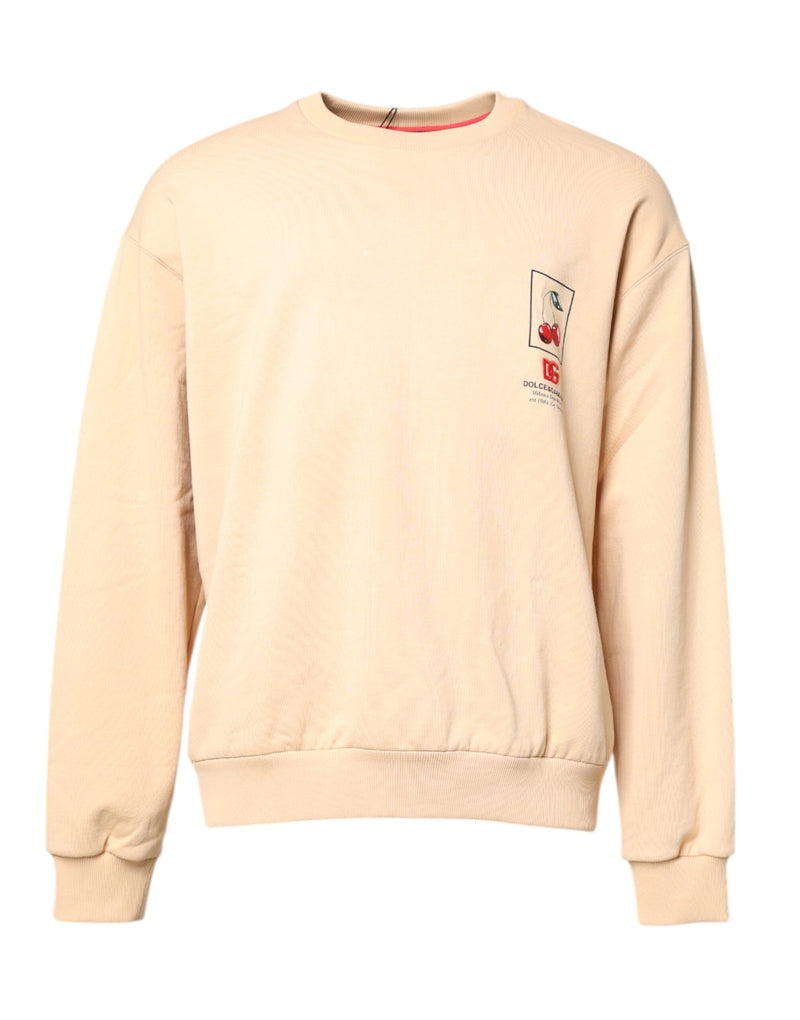 Beige Cherry Print Crew Neck Pullover Sweater-Dolce & Gabbana-LabelTerrace.com
