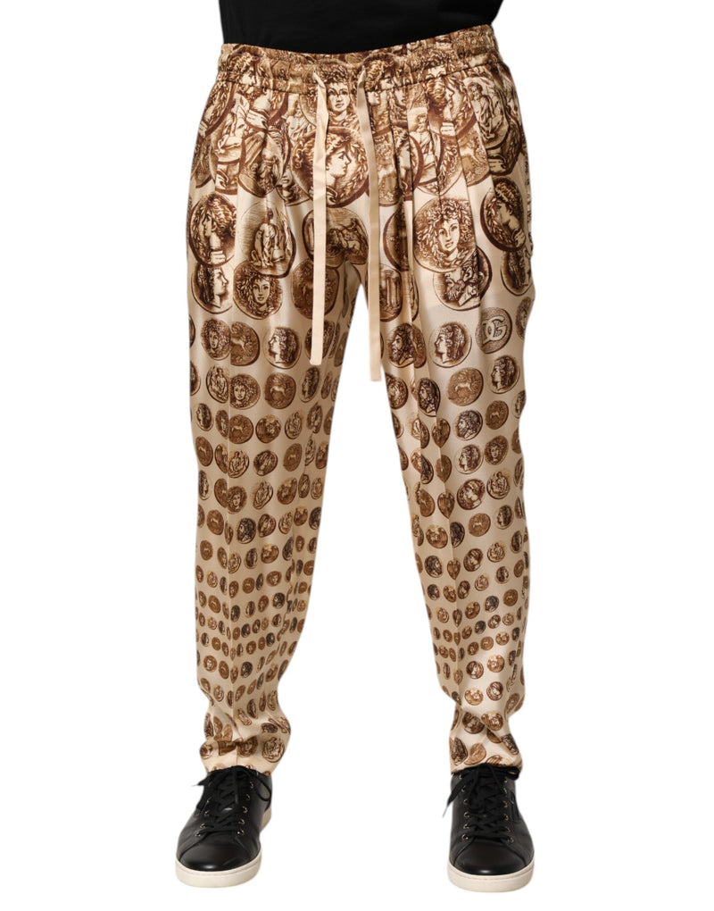 Beige Coin Print Silk Twill Men Jogger Pants-Dolce & Gabbana-LabelTerrace.com