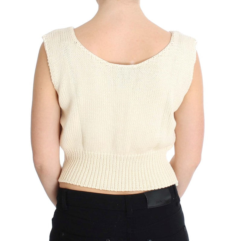 Beige Cotton Blend Knitted Sleeveless Sweater-PINK MEMORIES-LabelTerrace.com