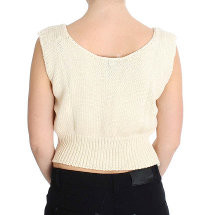 Beige Cotton Blend Knitted Sleeveless Sweater-PINK MEMORIES-LabelTerrace.com