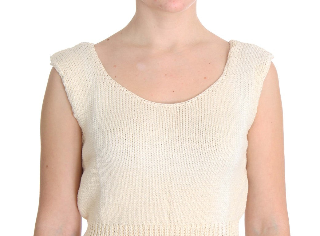 Beige Cotton Blend Knitted Sleeveless Sweater-PINK MEMORIES-LabelTerrace.com