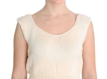 Beige Cotton Blend Knitted Sleeveless Sweater-PINK MEMORIES-LabelTerrace.com