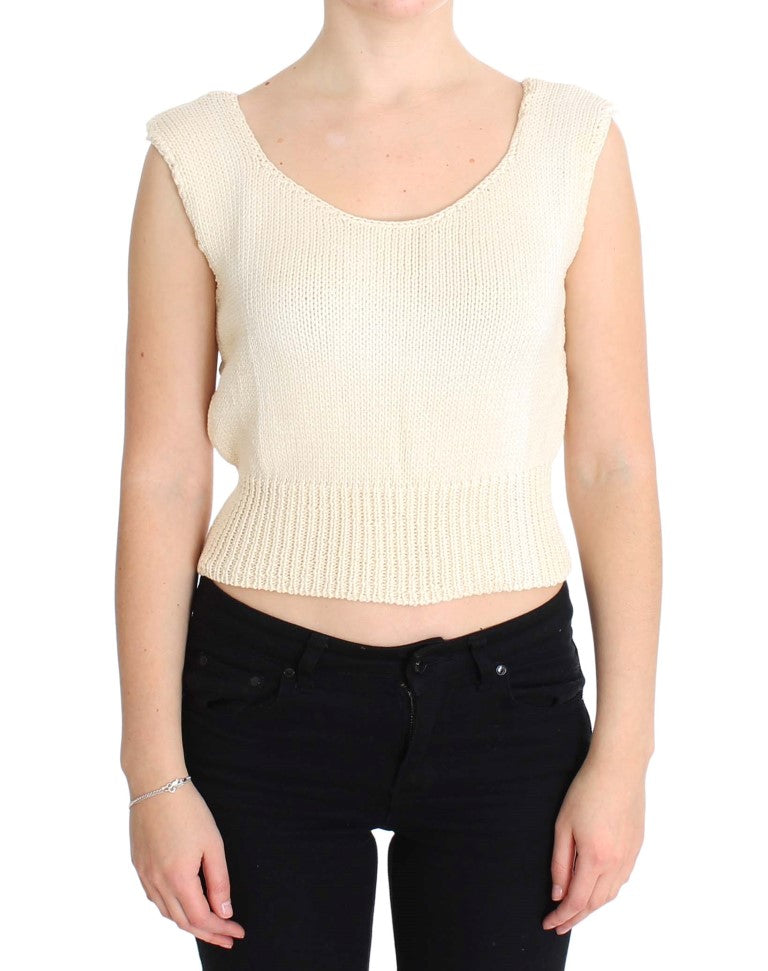 Beige Cotton Blend Knitted Sleeveless Sweater-PINK MEMORIES-LabelTerrace.com