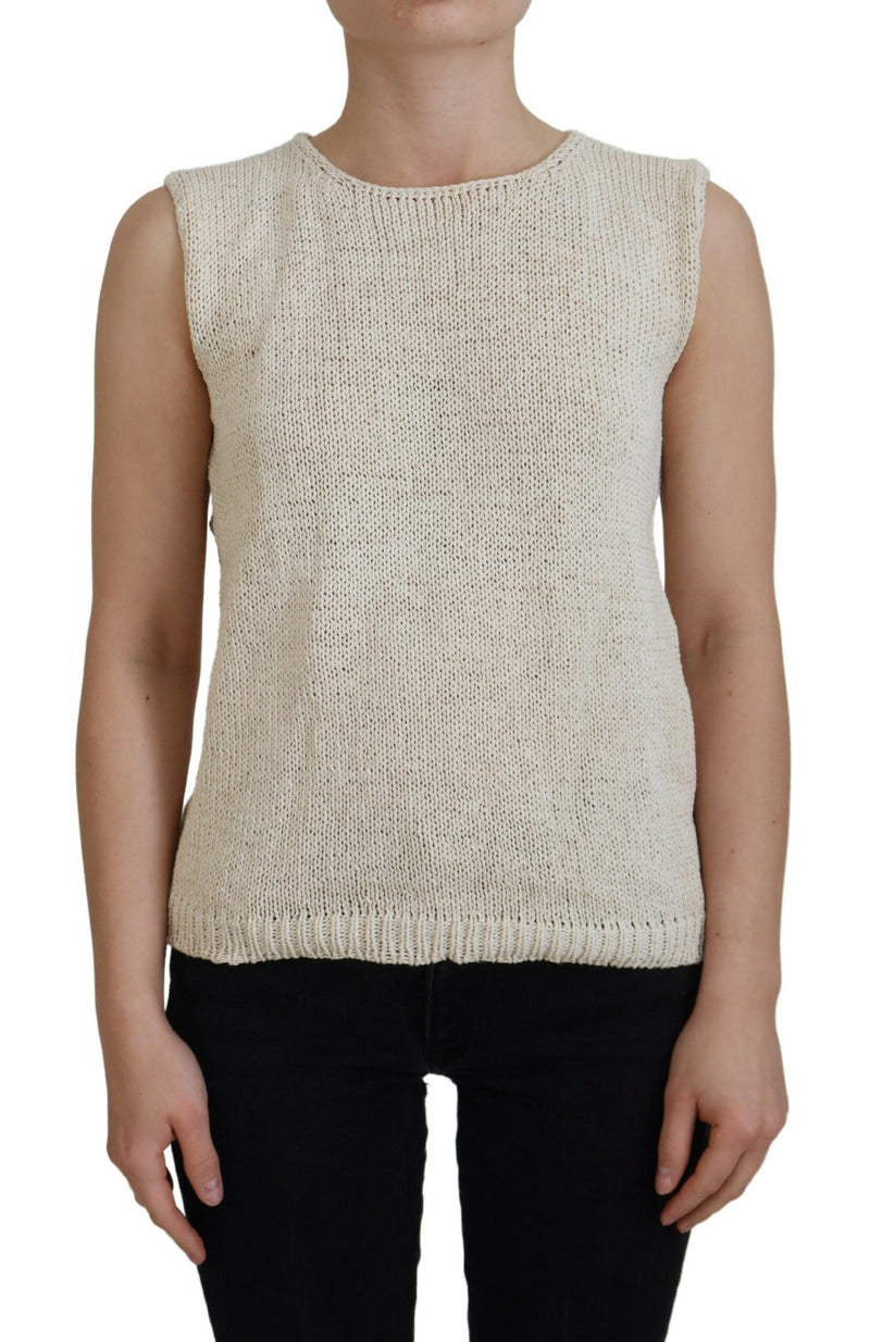 Beige Cotton Blend Sleeveless Round Neck Tank Top-PINK MEMORIES-LabelTerrace.com