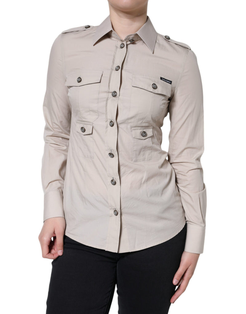 Beige Cotton Collared Button Down Shirt Top-Dolce & Gabbana-LabelTerrace.com