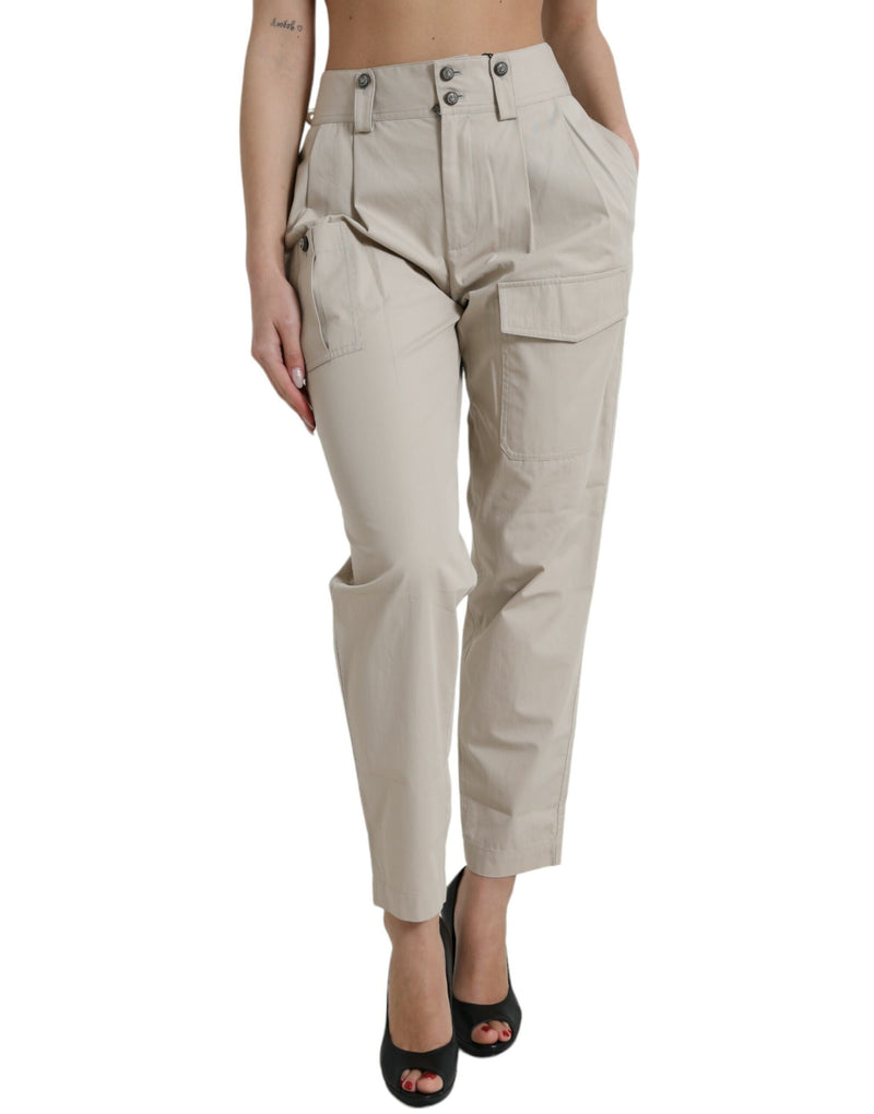 Beige Cotton High Waist Tapered Pants-Dolce & Gabbana-LabelTerrace.com