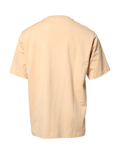 Beige Cotton Logo Print Crew Neck T-shirt