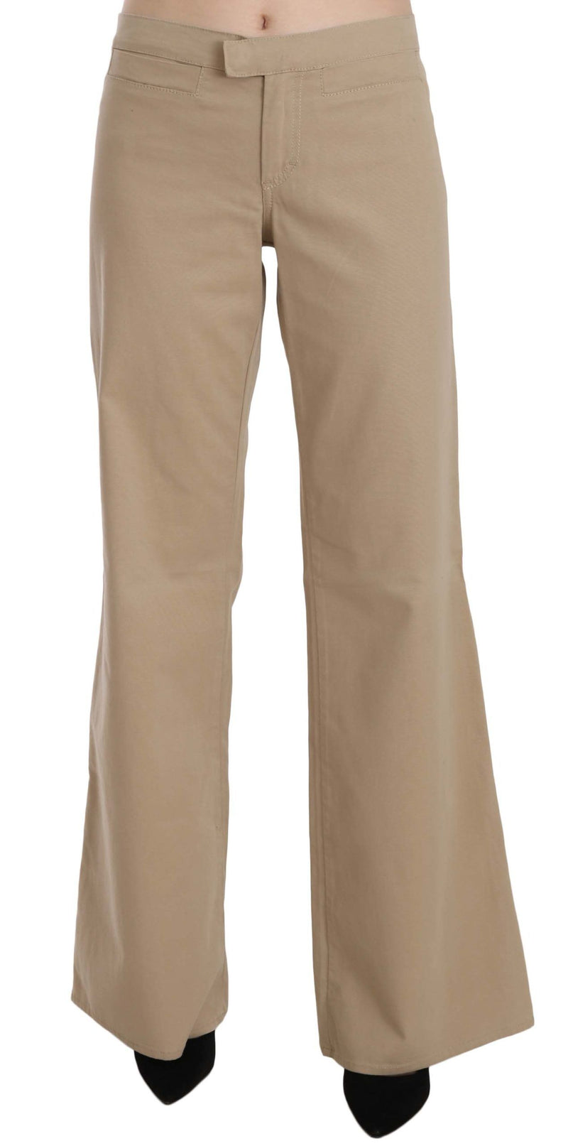 Beige Cotton Mid Waist Flared Trousers Pants-Just Cavalli-LabelTerrace.com