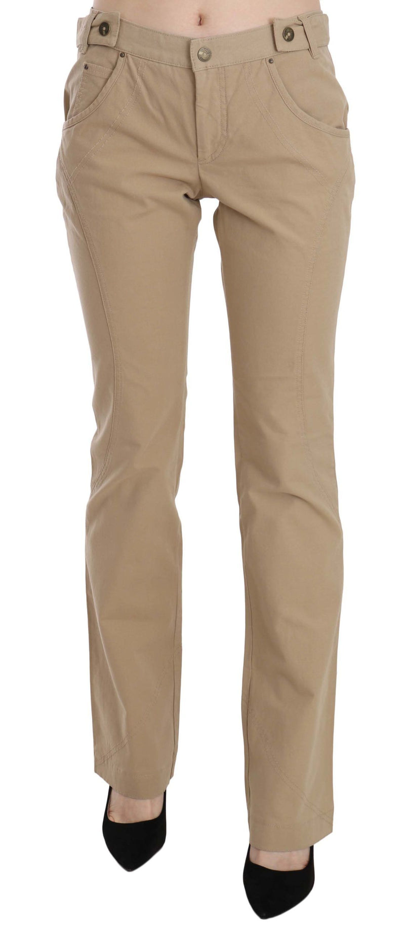 Beige Cotton Mid Waist Straight Trousers Pants-Just Cavalli-LabelTerrace.com