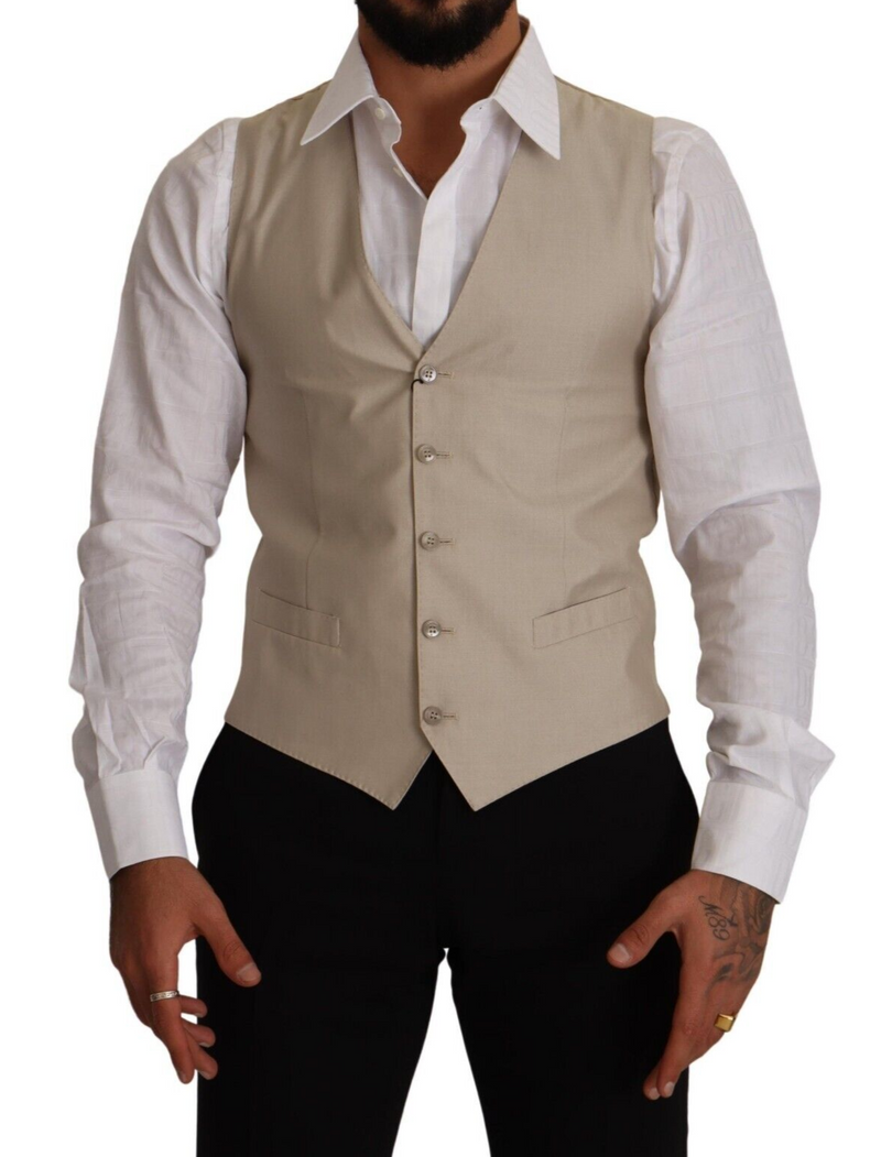 Beige Cotton Silk Slim Fit Waistcoat Vest-Dolce & Gabbana-LabelTerrace.com