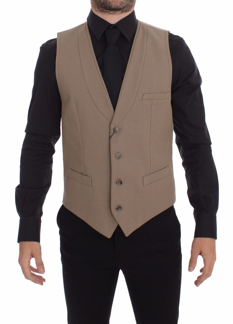 Beige Cotton Slim Fit Button Front Dress Vest-Dolce & Gabbana-LabelTerrace.com