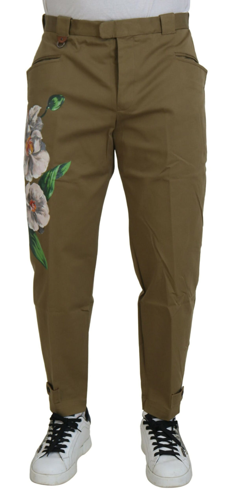 Beige Cotton Stretch Floral Chinos Pants-Dolce & Gabbana-LabelTerrace.com