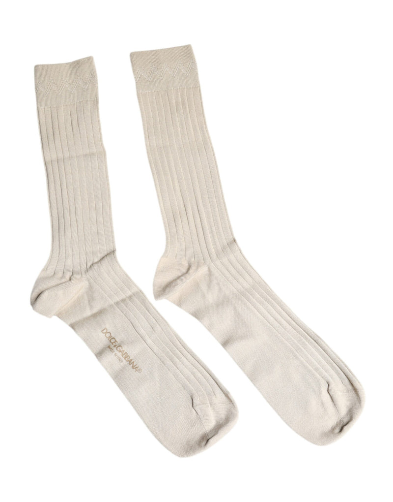 Beige Cotton Stretch Logo Mid Calf Socks-Dolce & Gabbana-LabelTerrace.com