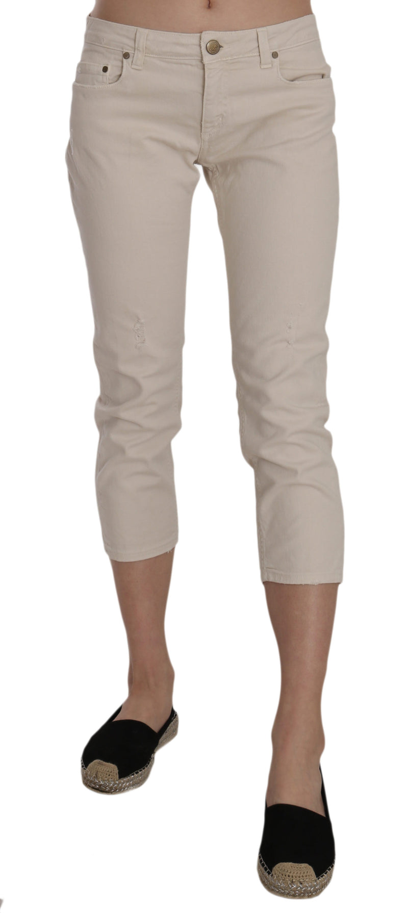 Beige Cotton Stretch Low Waist Skinny Cropped Capri Jeans-Dondup-LabelTerrace.com