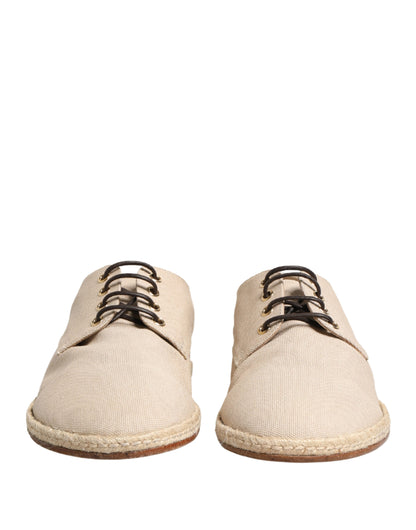 Beige Espadrille Sole Lace Up Canvas Derby Shoes