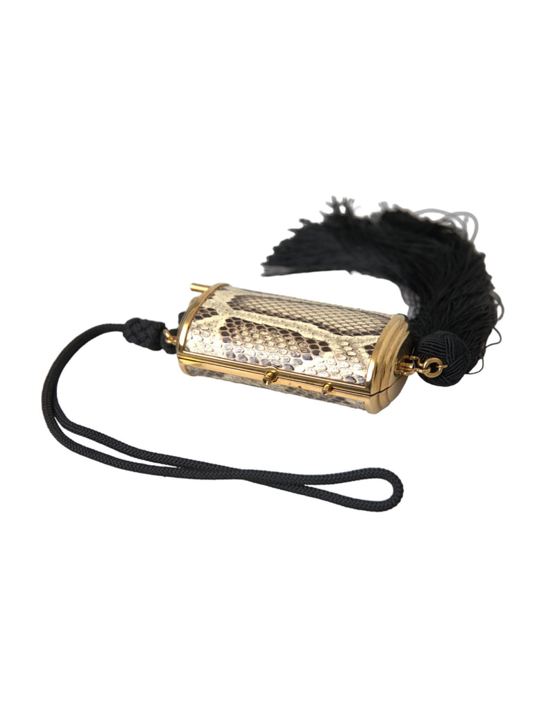 Beige Exotic Leather Mini Mirror Tassel Make Up Holder Bag-Dolce & Gabbana-LabelTerrace.com