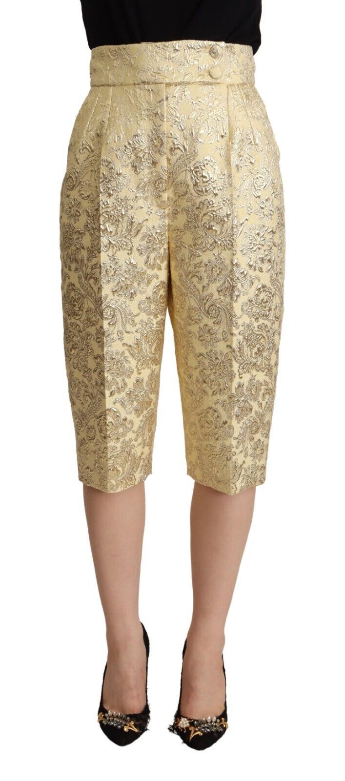 Beige Floral Brocade High Waist Trouser Cropped Pants-Dolce & Gabbana-LabelTerrace.com