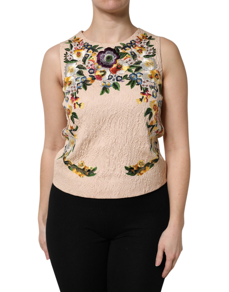 Beige Floral Embroidery Sleeveless Tank Top-Dolce & Gabbana-LabelTerrace.com
