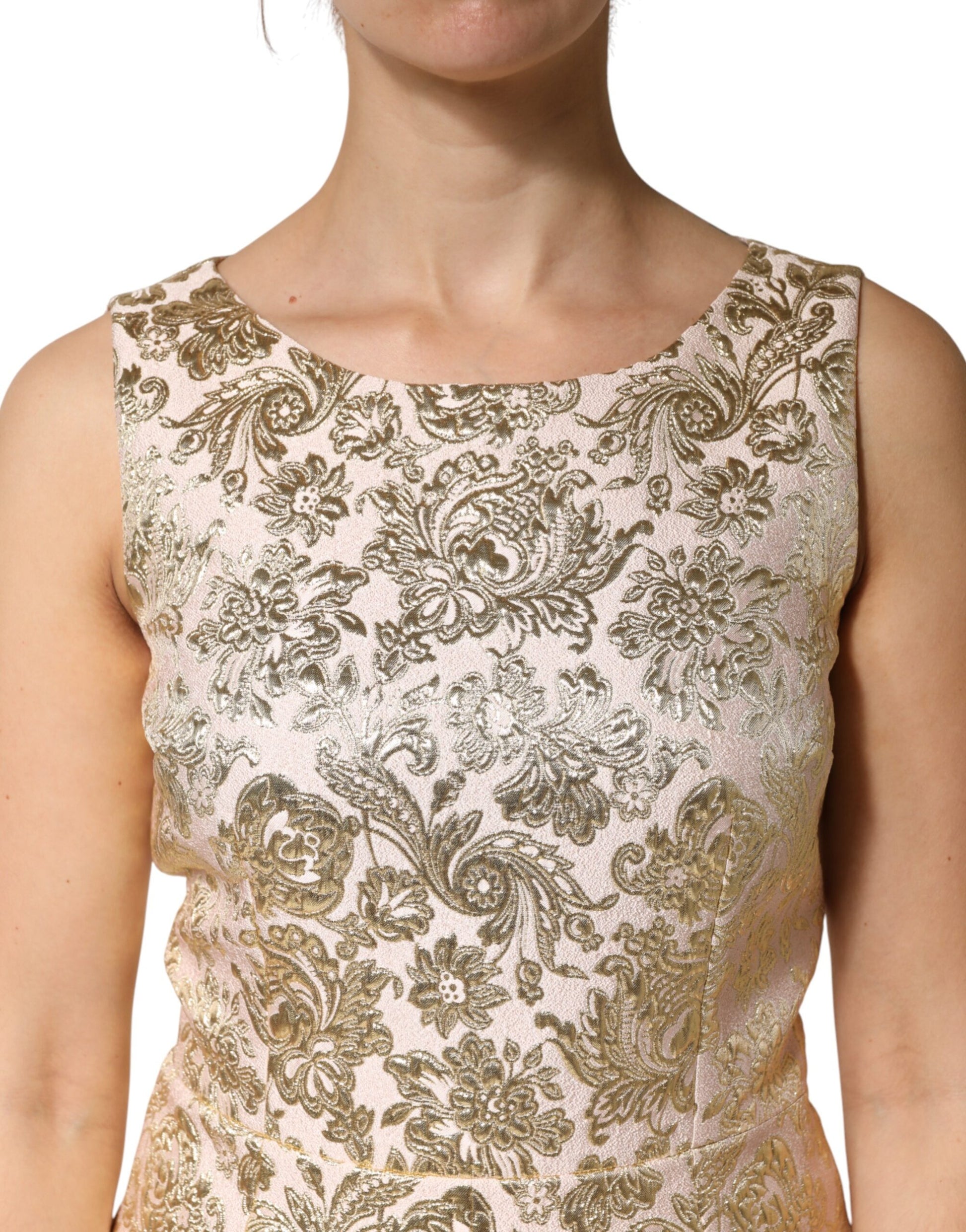 Beige Gold Floral Brocade Sleeveless Dress
