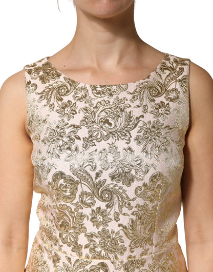 Beige Gold Floral Brocade Sleeveless Dress