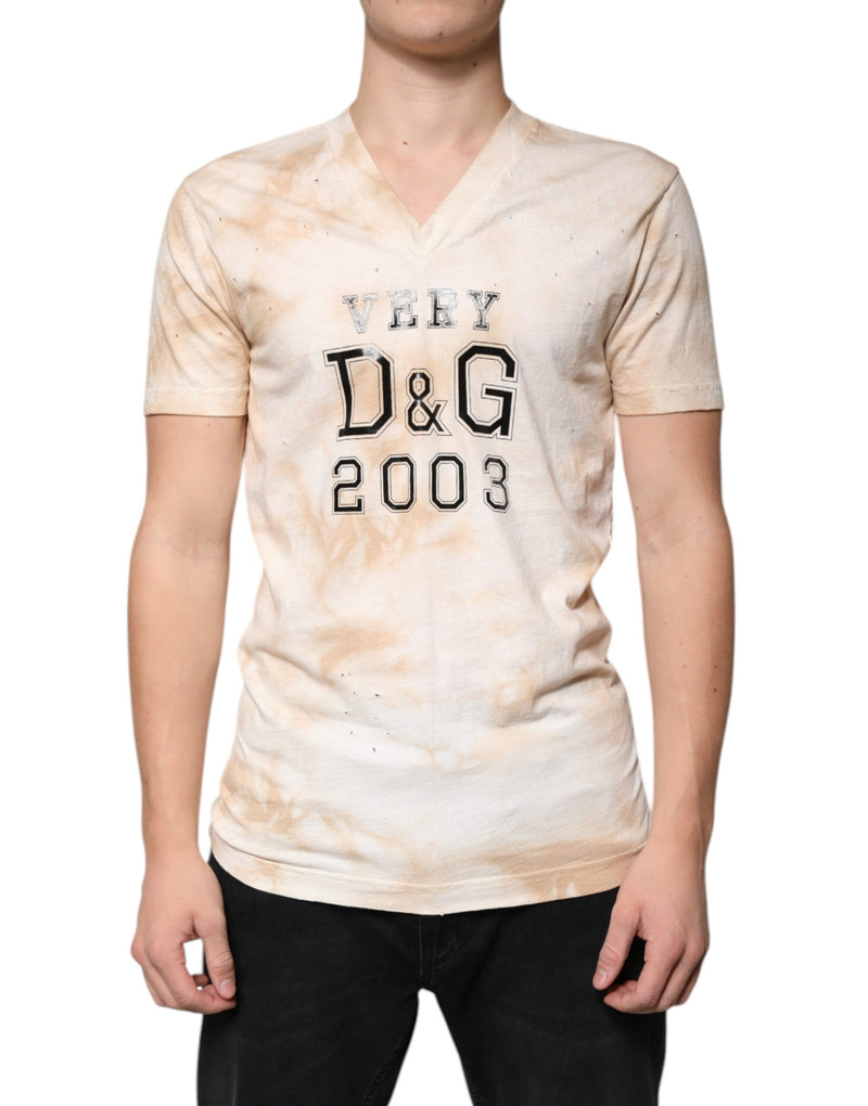 Beige Graphic Print Cotton V-neck T-shirt-Dolce & Gabbana-LabelTerrace.com