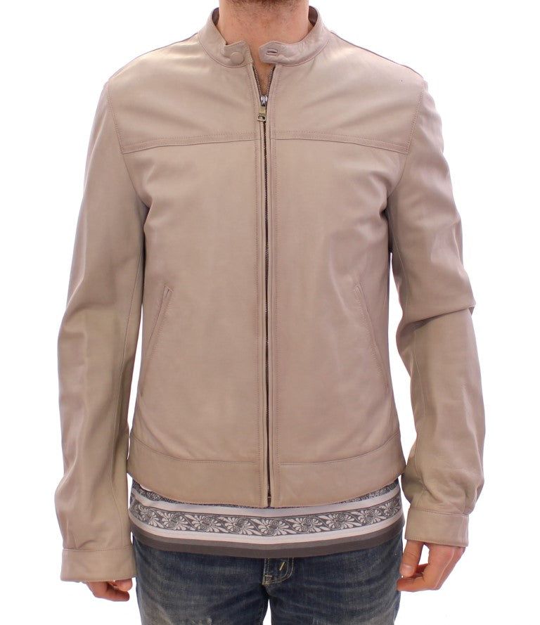 Beige Leather Jacket Biker Coat-Dolce & Gabbana-LabelTerrace.com