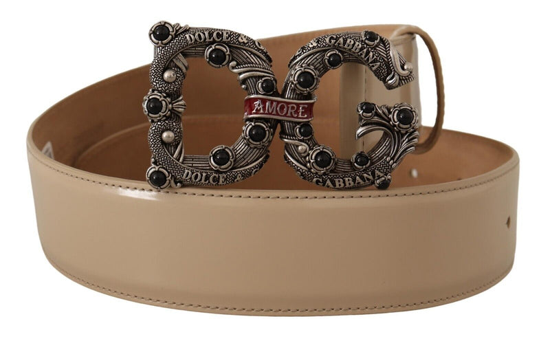 Beige Leather Silver Logo Buckle Amore Belt-Dolce & Gabbana-LabelTerrace.com