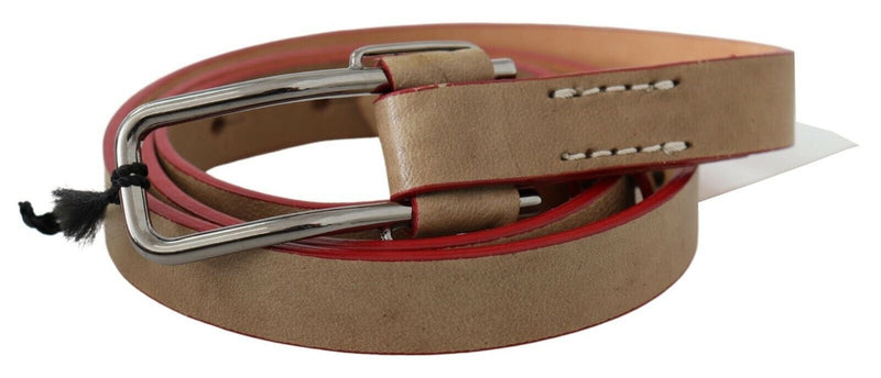 Beige Leather Silver Logo Buckle Waist Belt-Costume National-LabelTerrace.com