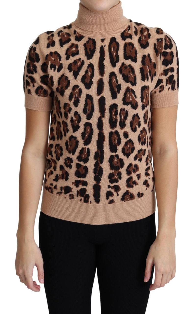 Beige Leopard Print Virgin Wool Turtleneck Top-Dolce & Gabbana-LabelTerrace.com