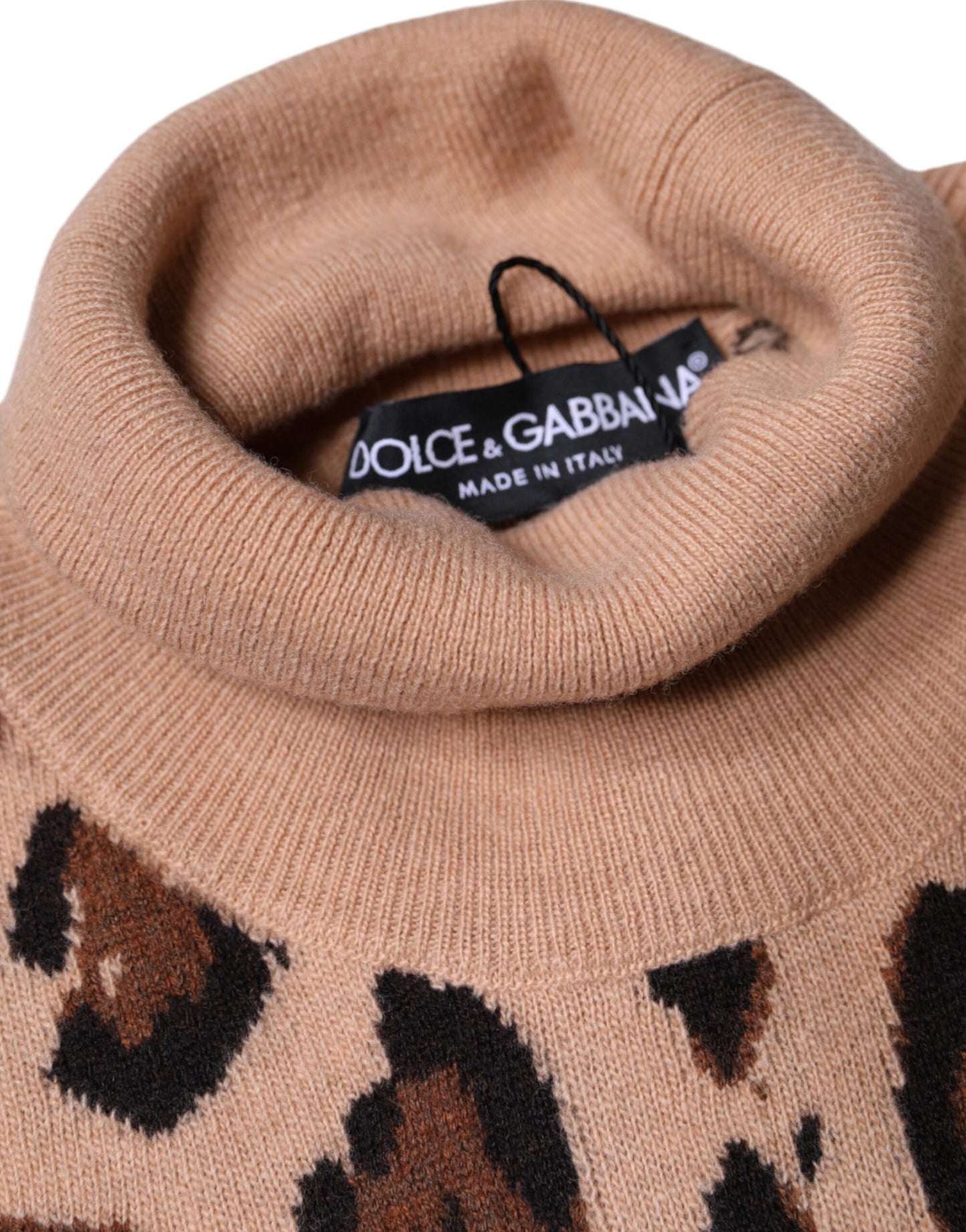 Beige Leopard Print Wool Turtleneck Top-Dolce & Gabbana-LabelTerrace.com