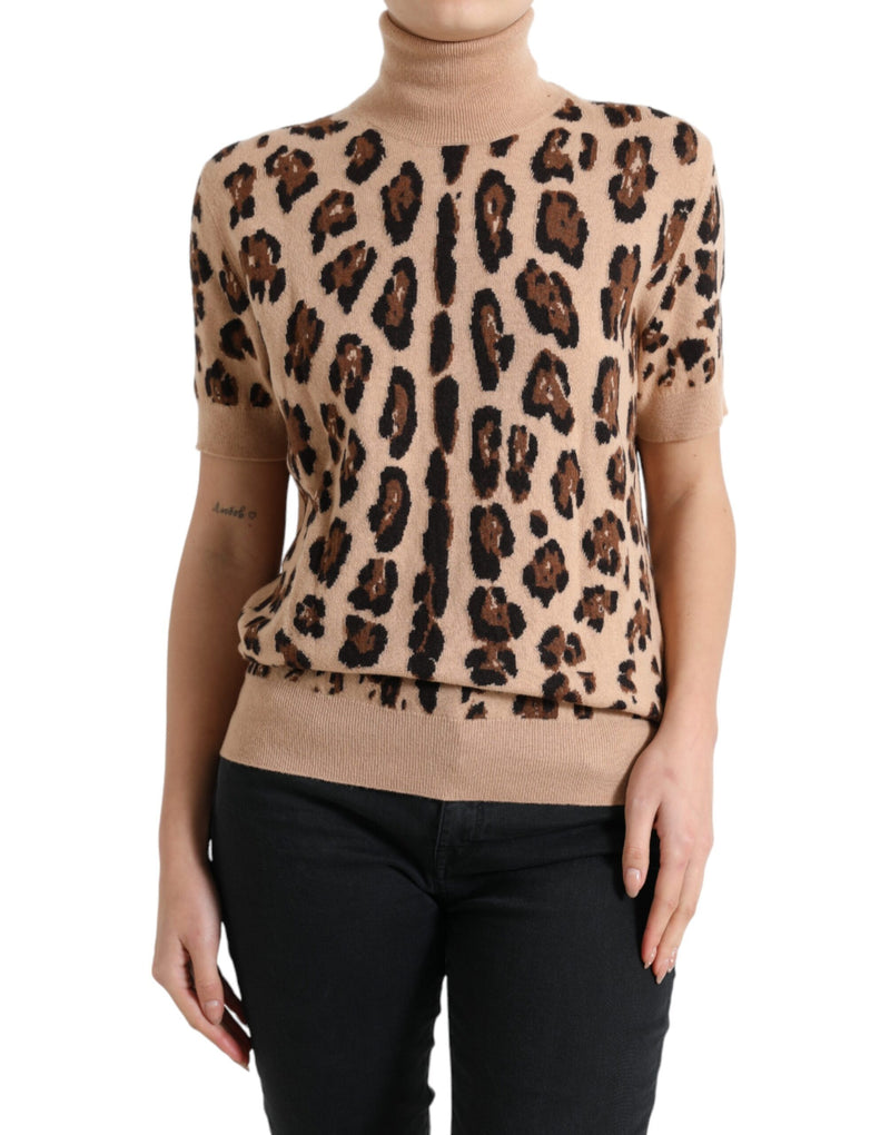 Beige Leopard Print Wool Turtleneck Top-Dolce & Gabbana-LabelTerrace.com