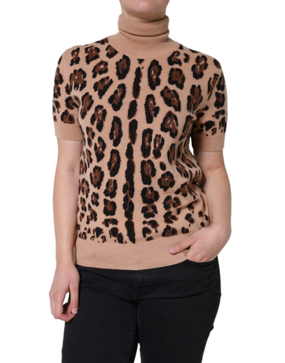 Beige Leopard Print Wool Turtleneck Top-Dolce & Gabbana-LabelTerrace.com