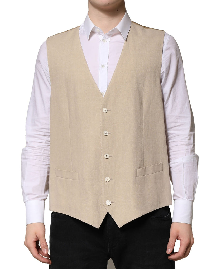 Beige Linen Dress Formal Men Waistcoat Vest-Dolce & Gabbana-LabelTerrace.com