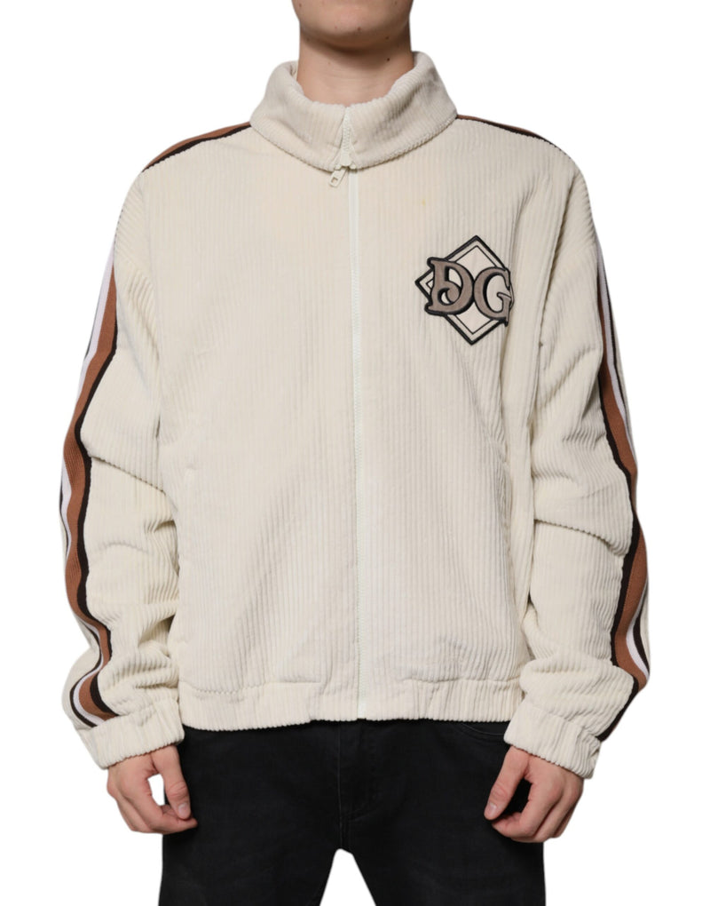 Beige Logo Applique Cotton Corduroy Full Zip Jacket-Dolce & Gabbana-LabelTerrace.com