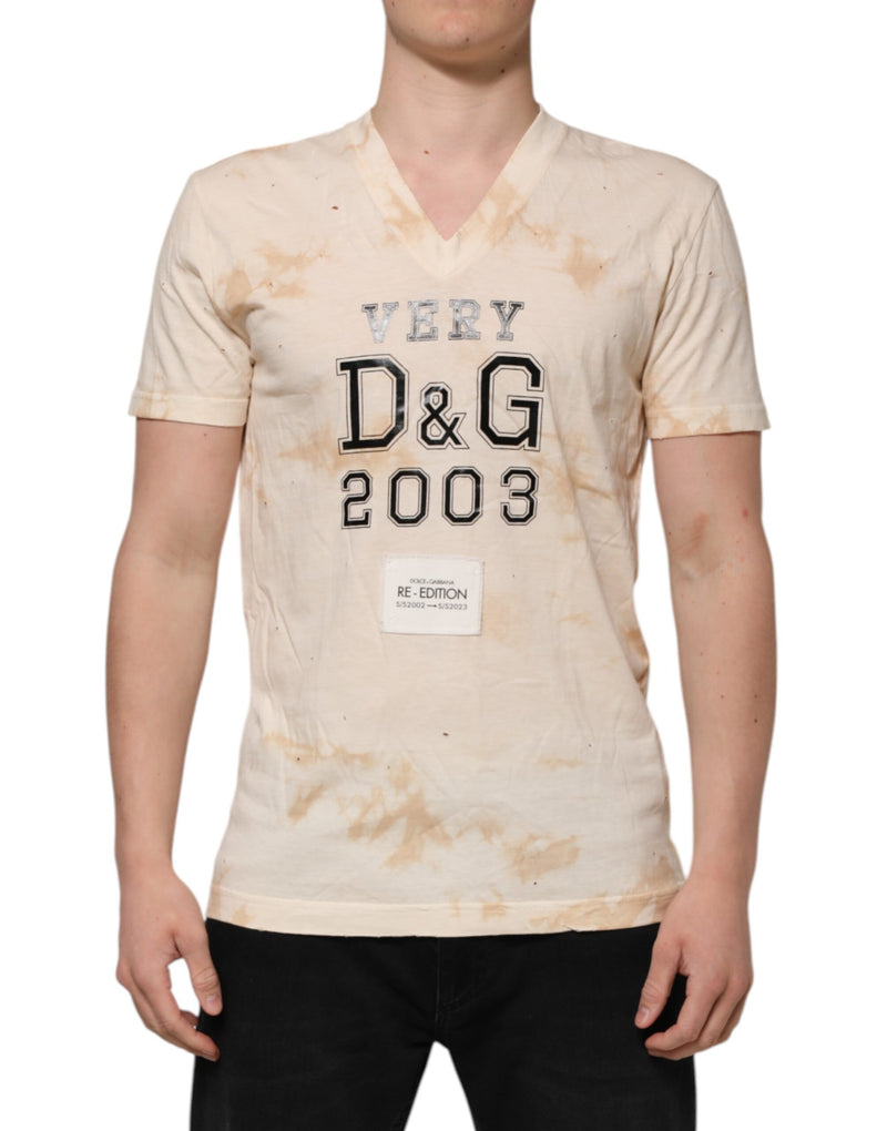 Beige Logo Print Short Sleeve V-neck T-shirt-Dolce & Gabbana-LabelTerrace.com