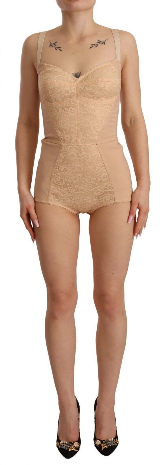 Beige Nylon Floral Lace Bodysuit Underwear-Dolce & Gabbana-LabelTerrace.com