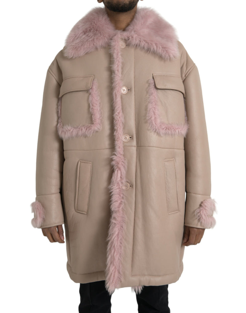 Beige Pink Lamb Leather Shearling Coat Jacket-Dolce & Gabbana-LabelTerrace.com