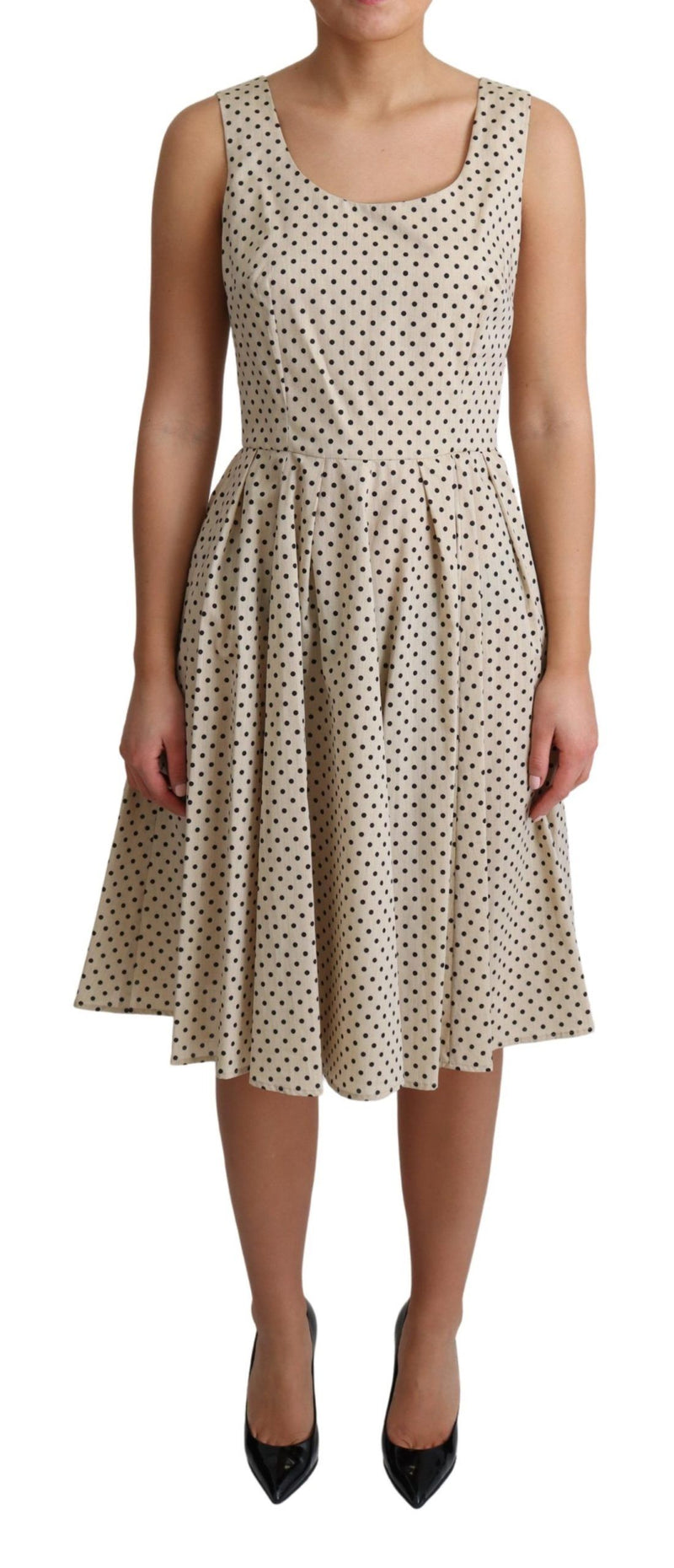Beige Polka Dotted Cotton A-Line Dress-Dolce & Gabbana-LabelTerrace.com