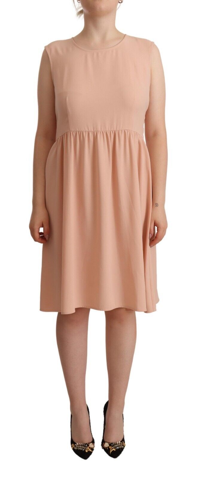 Beige Polyester Sleeveless Shift Knee Length Dress-Twinset-LabelTerrace.com