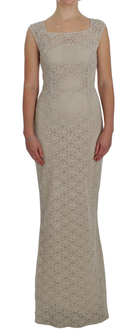Beige Ricamo Cutout Cotton Sheath Dress-Dolce & Gabbana-LabelTerrace.com